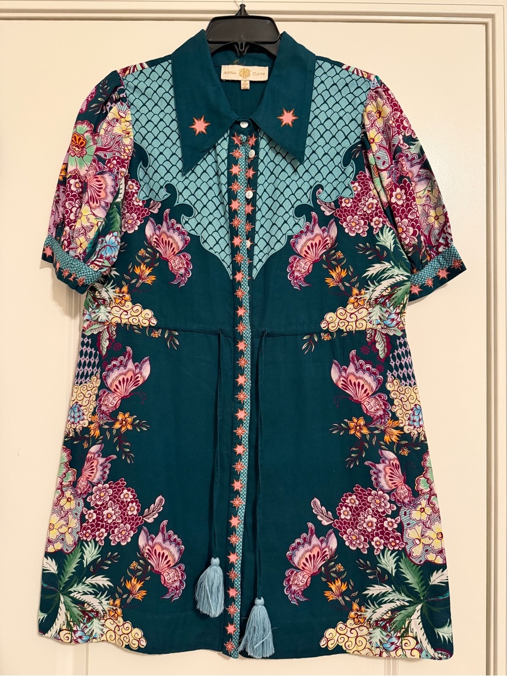 Anna Cate Teal Floral button up Tassel-Front linen Mini Dress